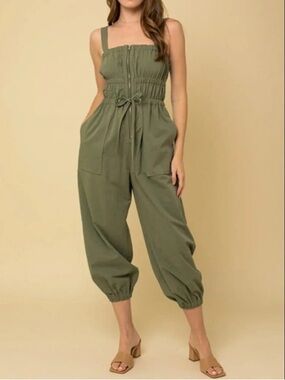 Gilli olive green ruched elastic front zipper  jumpsuit